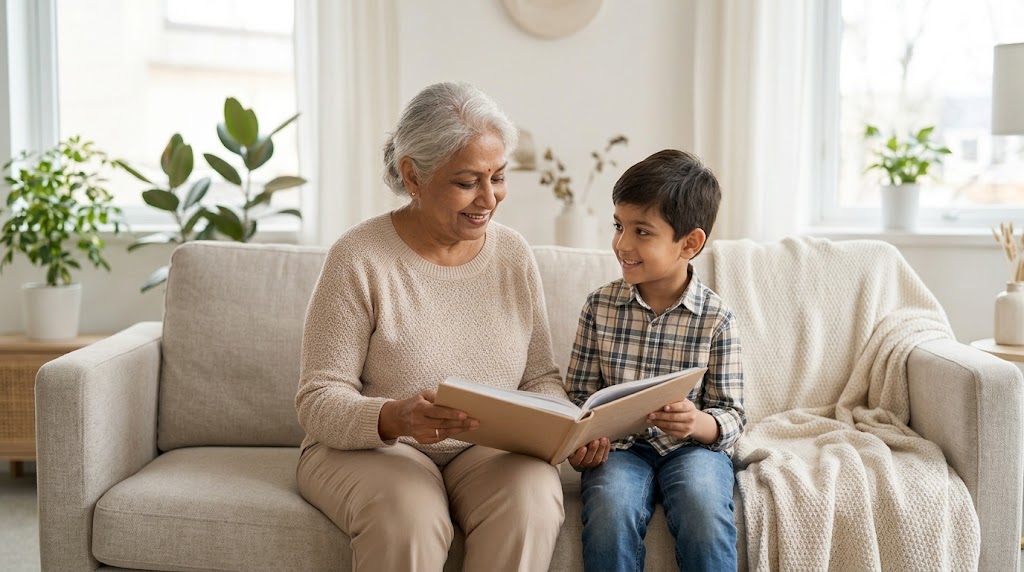 Grand-mère avec son petit-fils accompagnée par Orialis en mutuelle santé prévoyance et protection patrimoniale